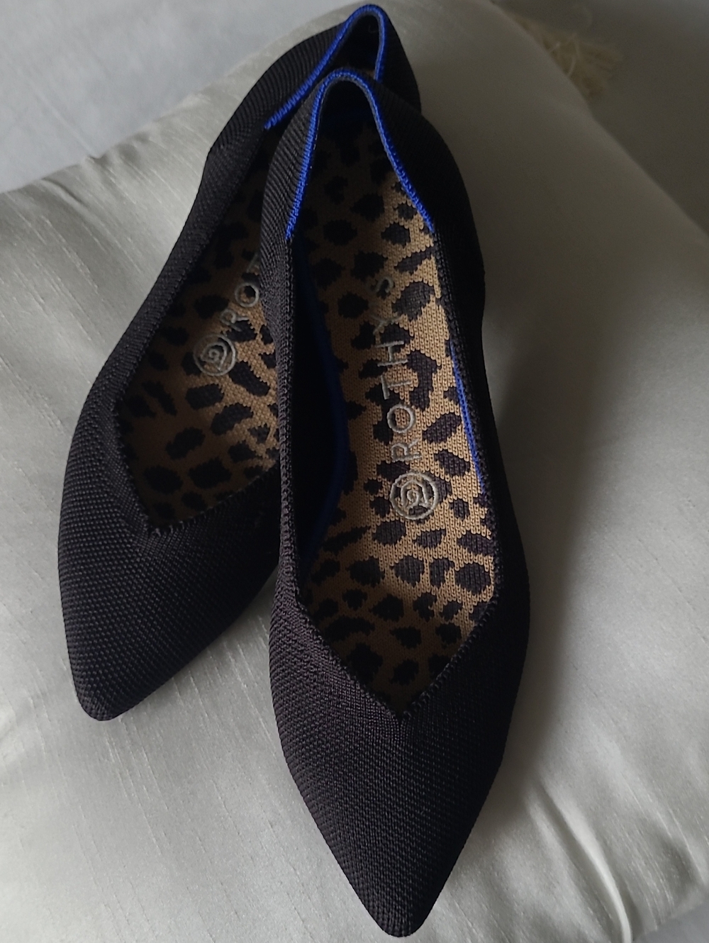 Rothy's Black Pointed Knit Flats with Blue Trim and Leopard Insole